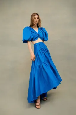 Aje Reverb Set Puff Sleeve Crop Top and Gathered Midi Skirt Set Blue Size 8 for rent on The Volte - image 4