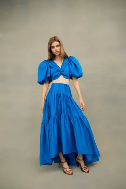 Aje Reverb Set Puff Sleeve Crop Top and Gathered Midi Skirt Set Blue Size 8 for rent on The Volte - image 5