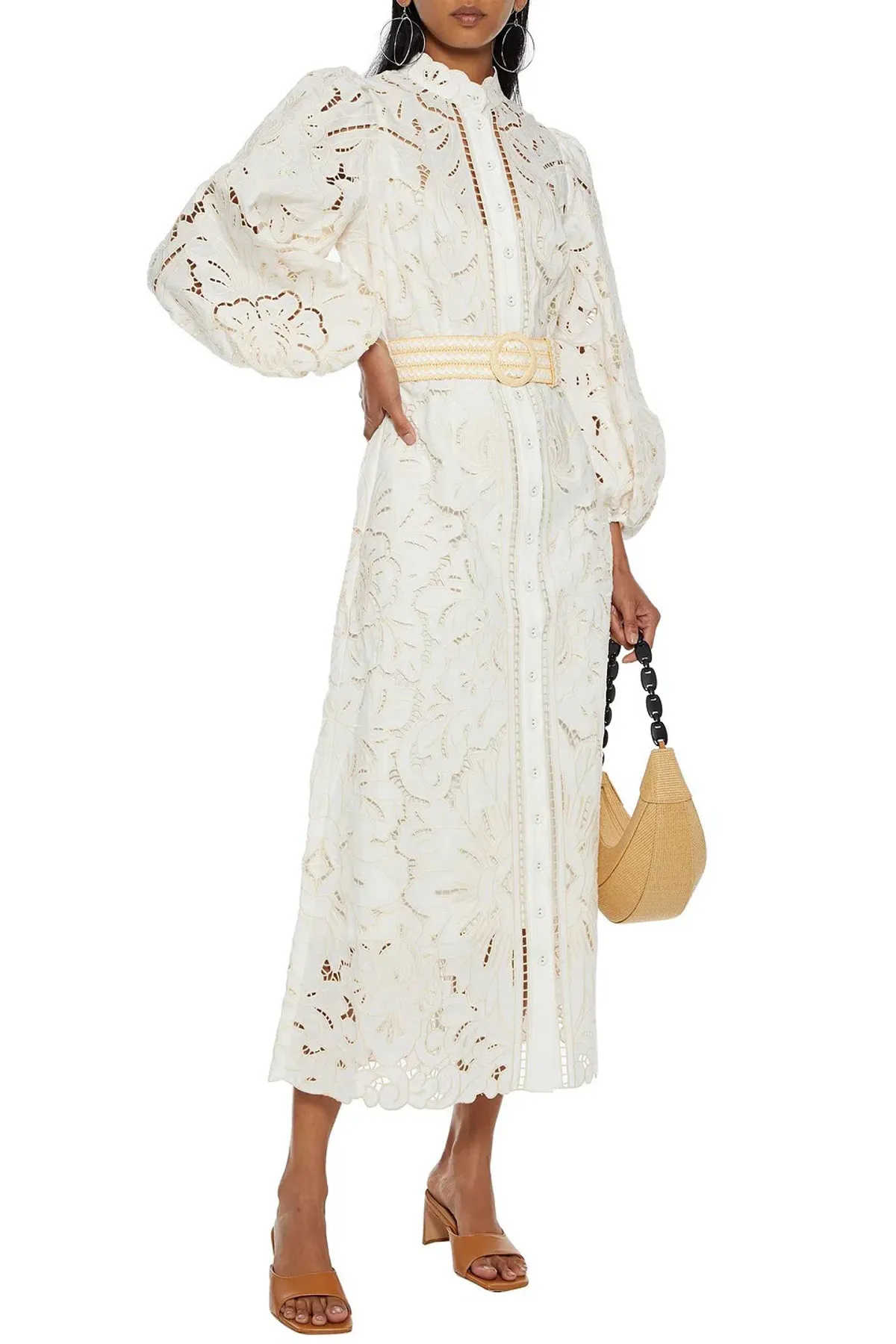 Zimmermann Empire Belted Broderie Anglaise Linen Midi Dress Ivory Size 0 / AU 8 - Image 1