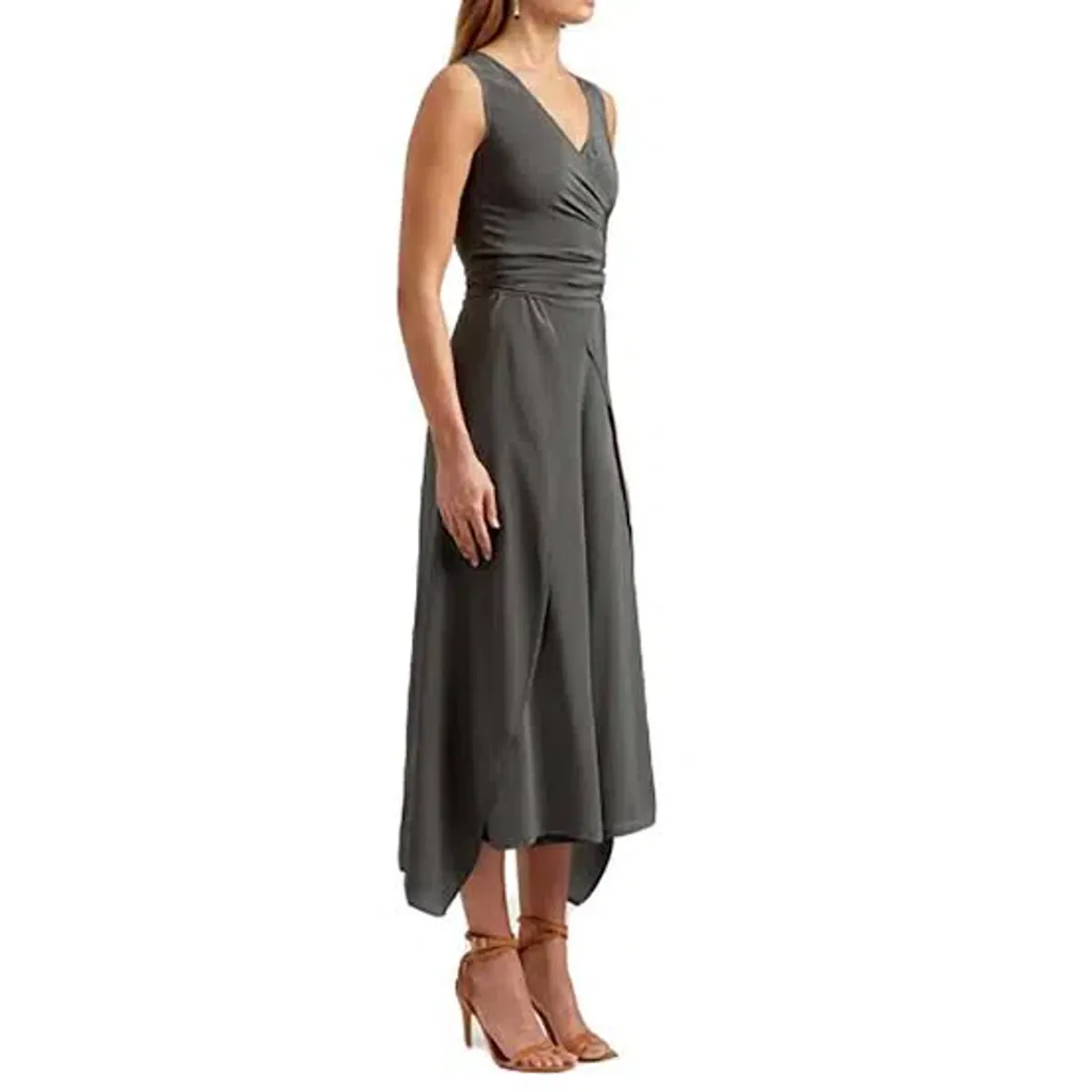 Scanlan Theodore Silk Wrap Jumpsuit Khaki Green Size 8 - Image 3