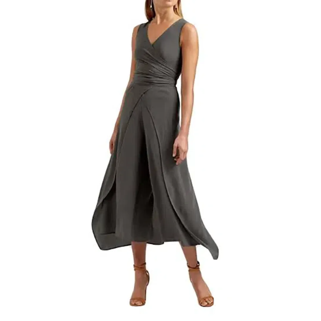 Scanlan Theodore Silk Wrap Jumpsuit Khaki Green Size 8 for rent on The Volte - main image
