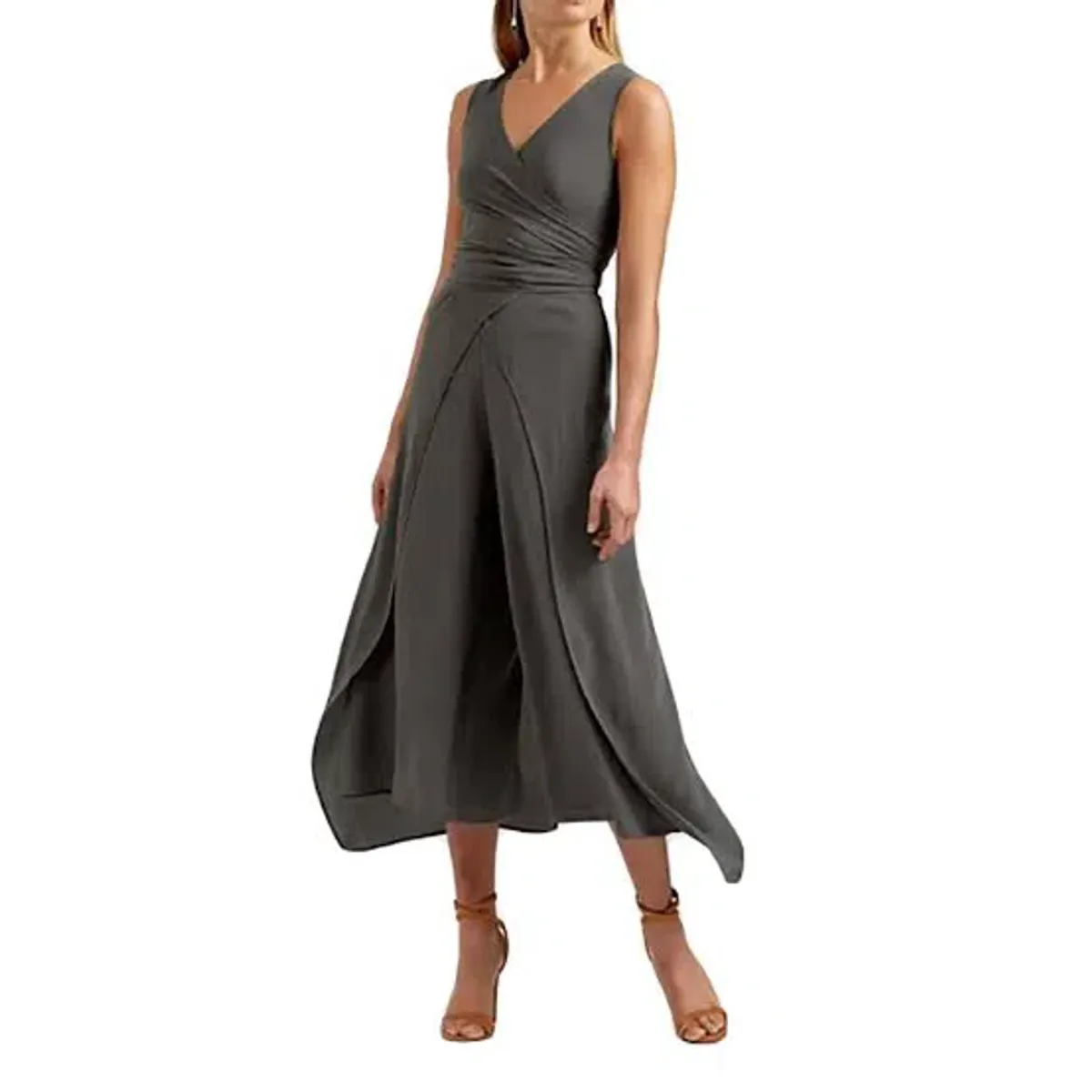 Scanlan Theodore Silk Wrap Jumpsuit Khaki Green Size 8 for rent on The Volte - main image