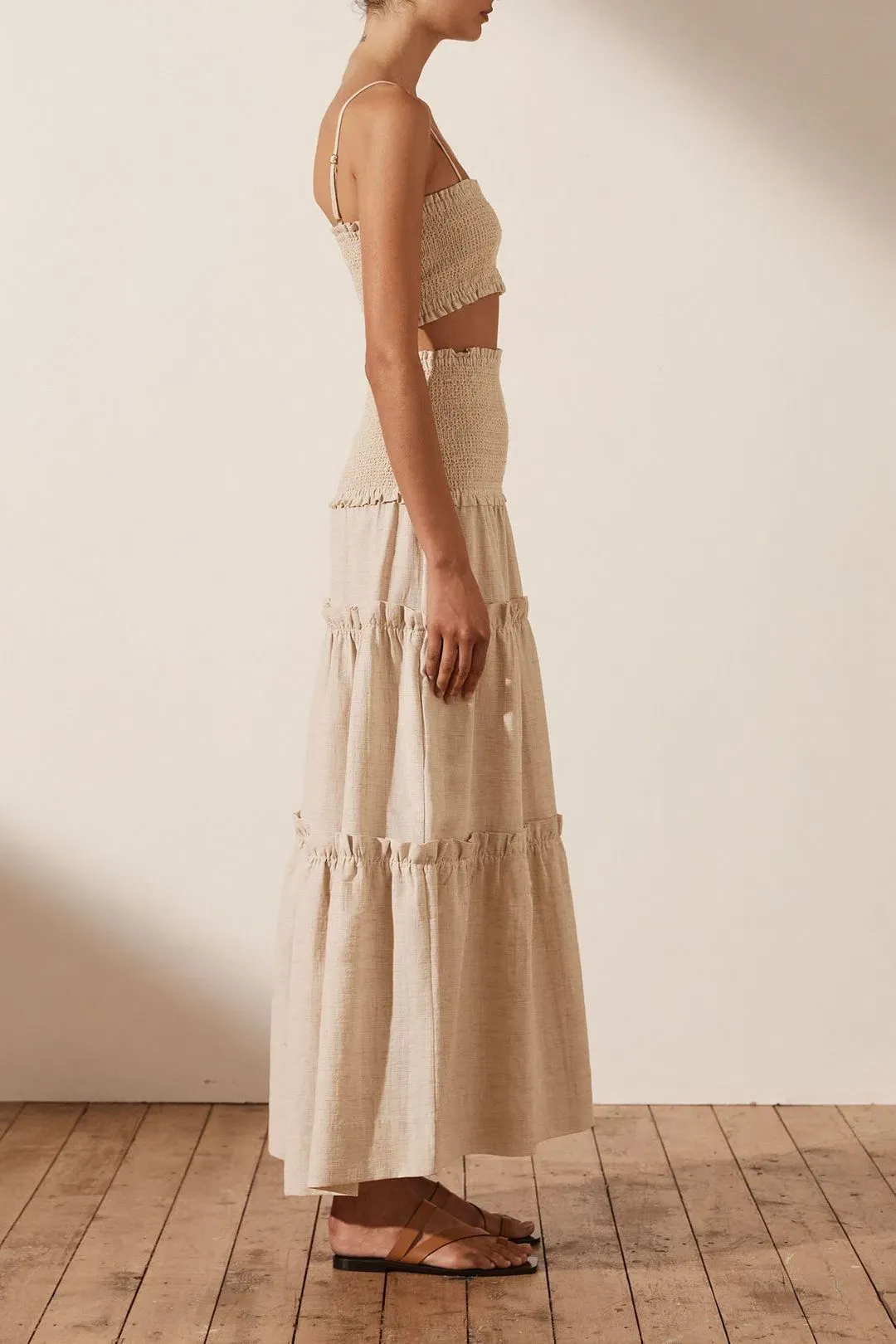 SHONA JOY Fiona Shirred Bralette and Tiered Midi Skirt Set CREAM Size AU 6 for rent on The Volte - main image