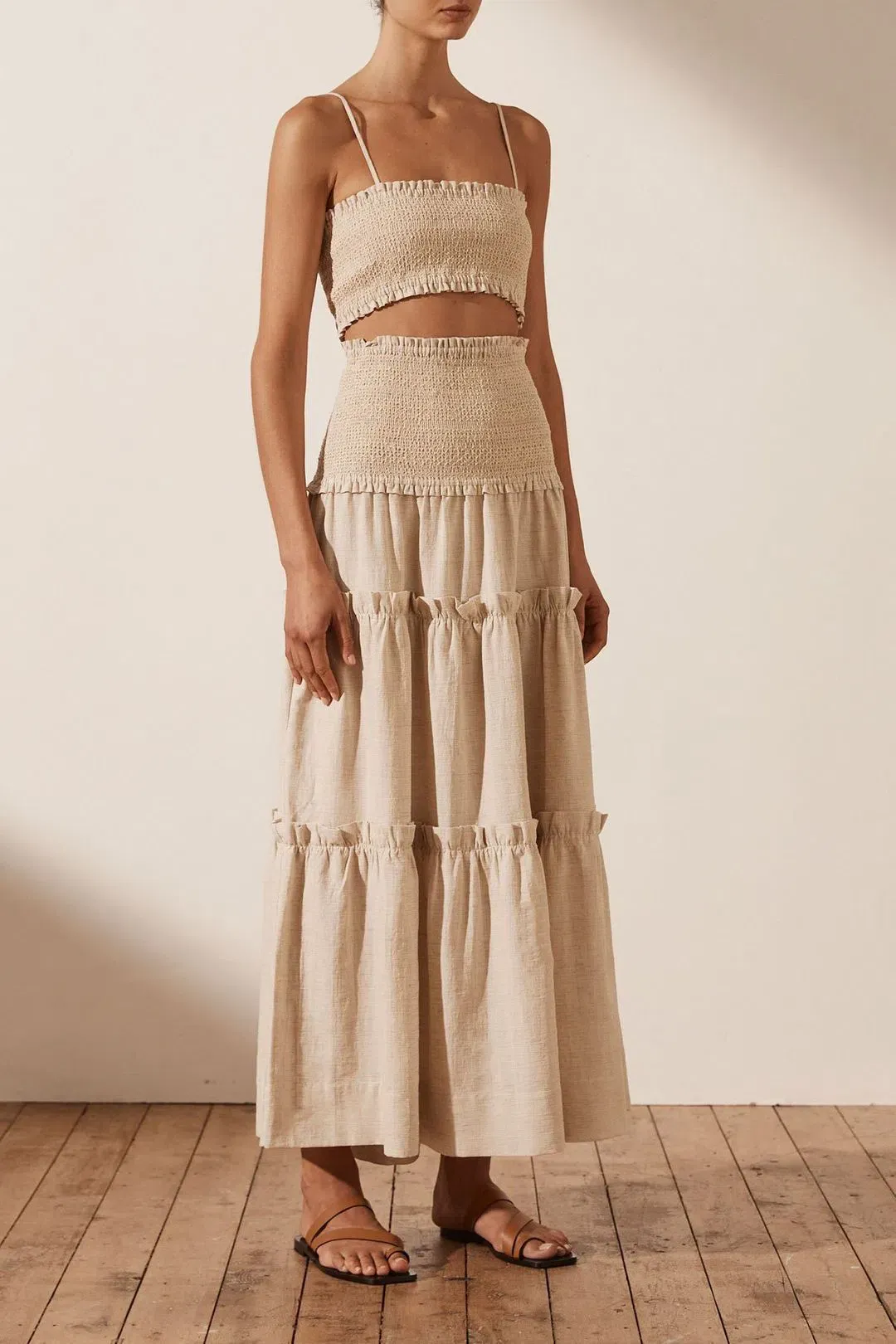 SHONA JOY Fiona Shirred Bralette and Tiered Midi Skirt Set CREAM Size AU 6 for rent on The Volte - main image