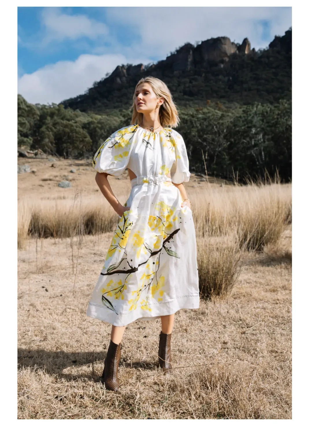Aje Mimosa Cut-out Midi Dress In Wattle Print Size 8 for rent on The Volte - main image