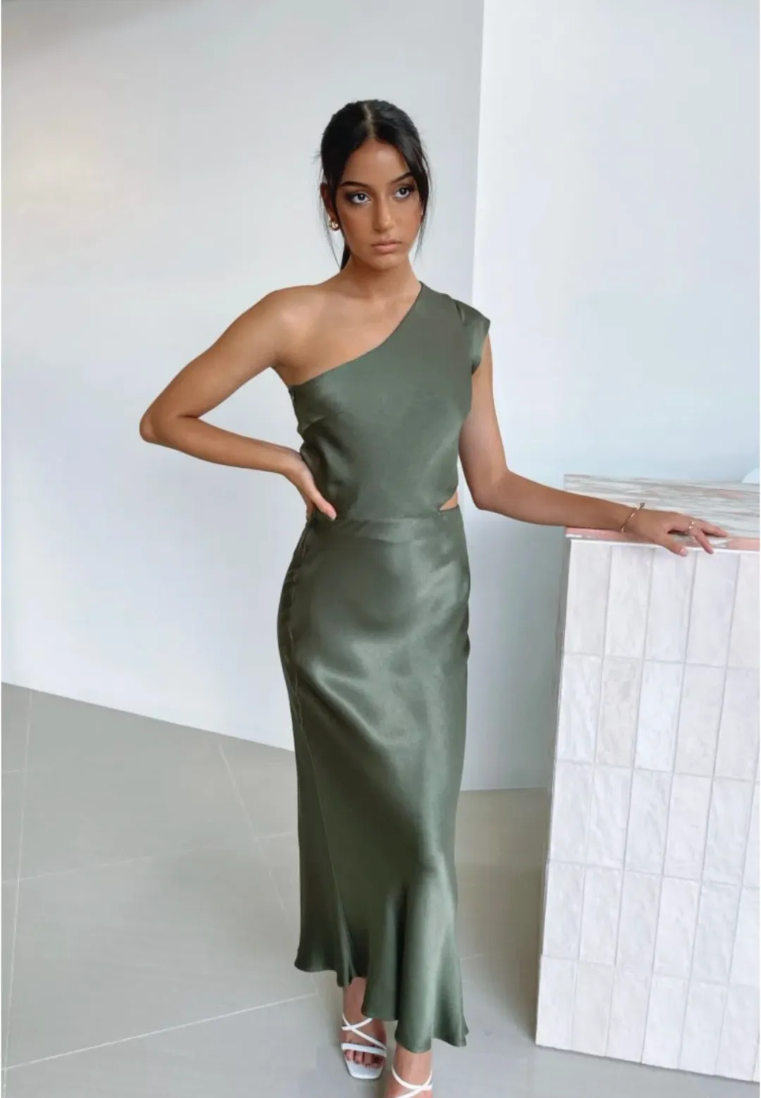Bec & Bridge Delphine Asymmetric Midi Dress Green Size 6 for rent on The Volte - main image