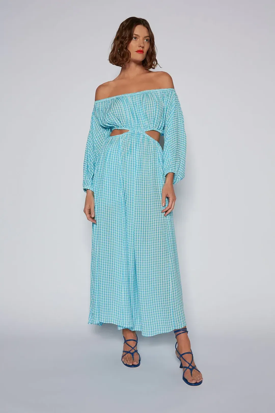 Scanlan Theodore Gingham Cutout Dress in Blue Size 8 for rent on The Volte - main image