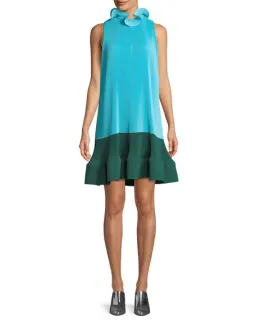 Tibi Camellia Pleated Colorblock Ruffle Dress Blue Size 4 for rent on The Volte - image 1