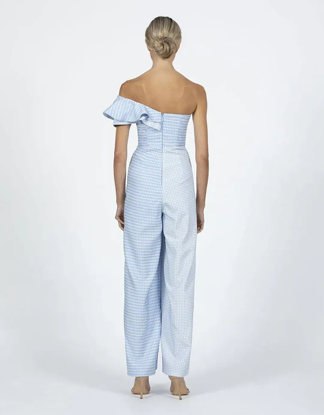 Bariano Willow Contrast Off Shoulder Jumpsuit Pale Blue/Cream Size 8 for rent on The Volte - main image