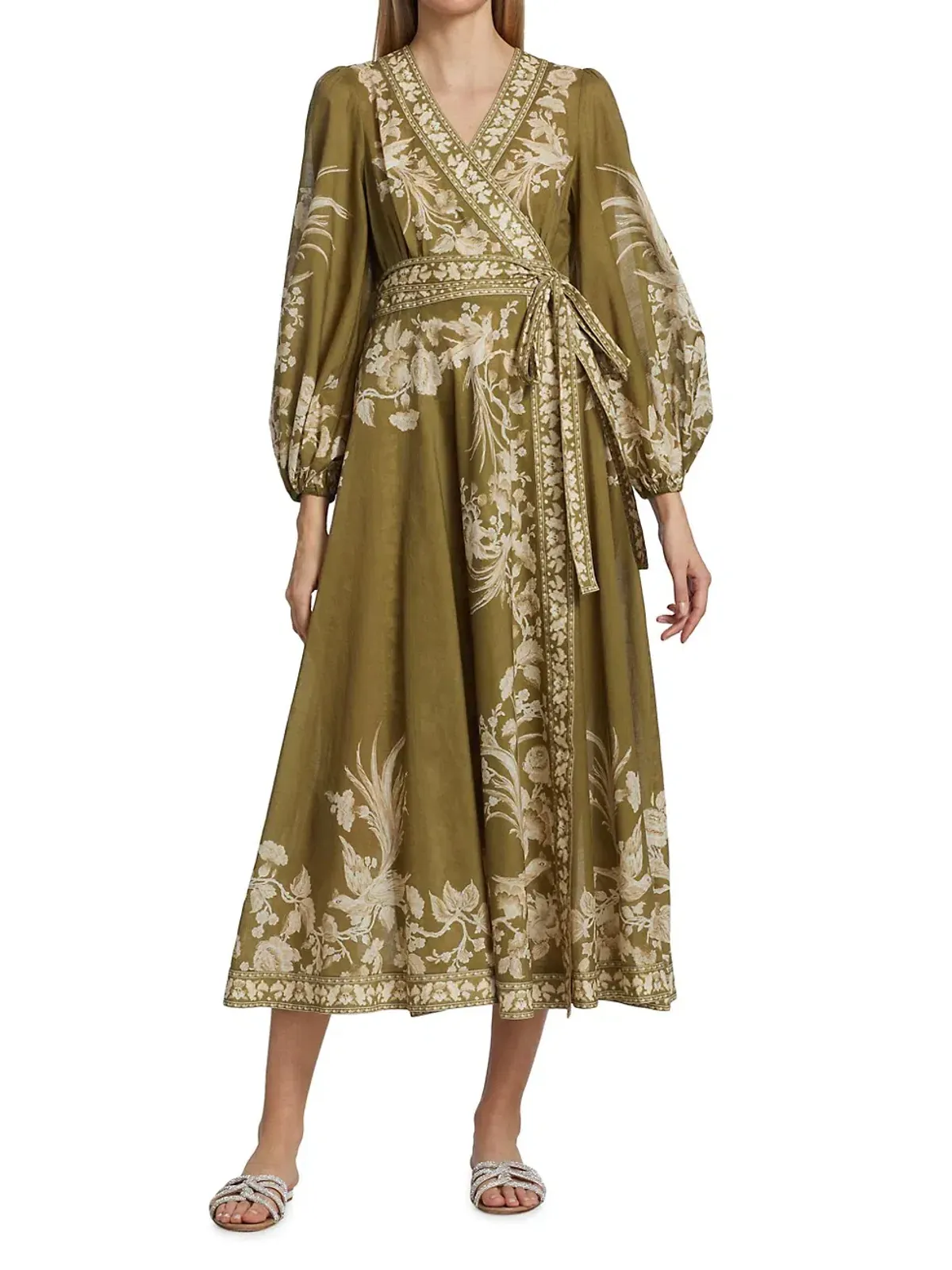 Zimmermann Anneke Floral Print Cotton Voile Wrap Midi Dress in Army Green Size 1 / Au 10 for rent on The Volte - main image