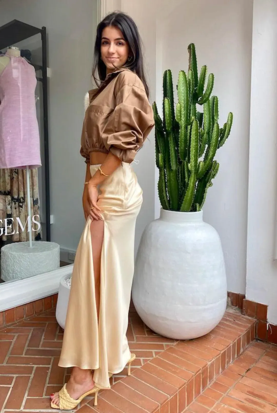 Michael Lo Sordo Crystalline Bias Silk Skirt Cream Size 6 for rent on The Volte - main image
