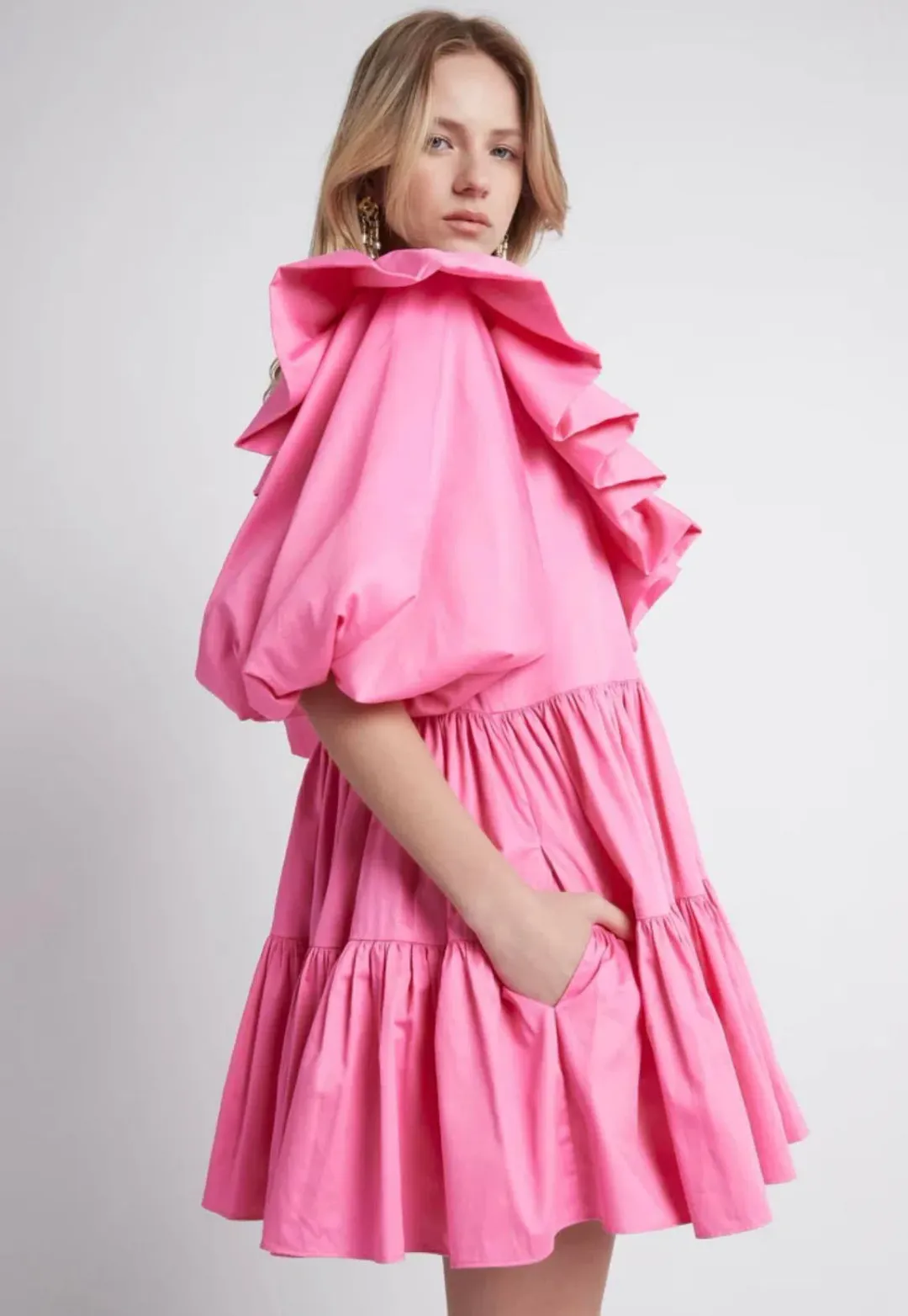Aje Solstice Ruffle Tiered Smock Mini Dress Pink Size 14 for rent on The Volte - main image