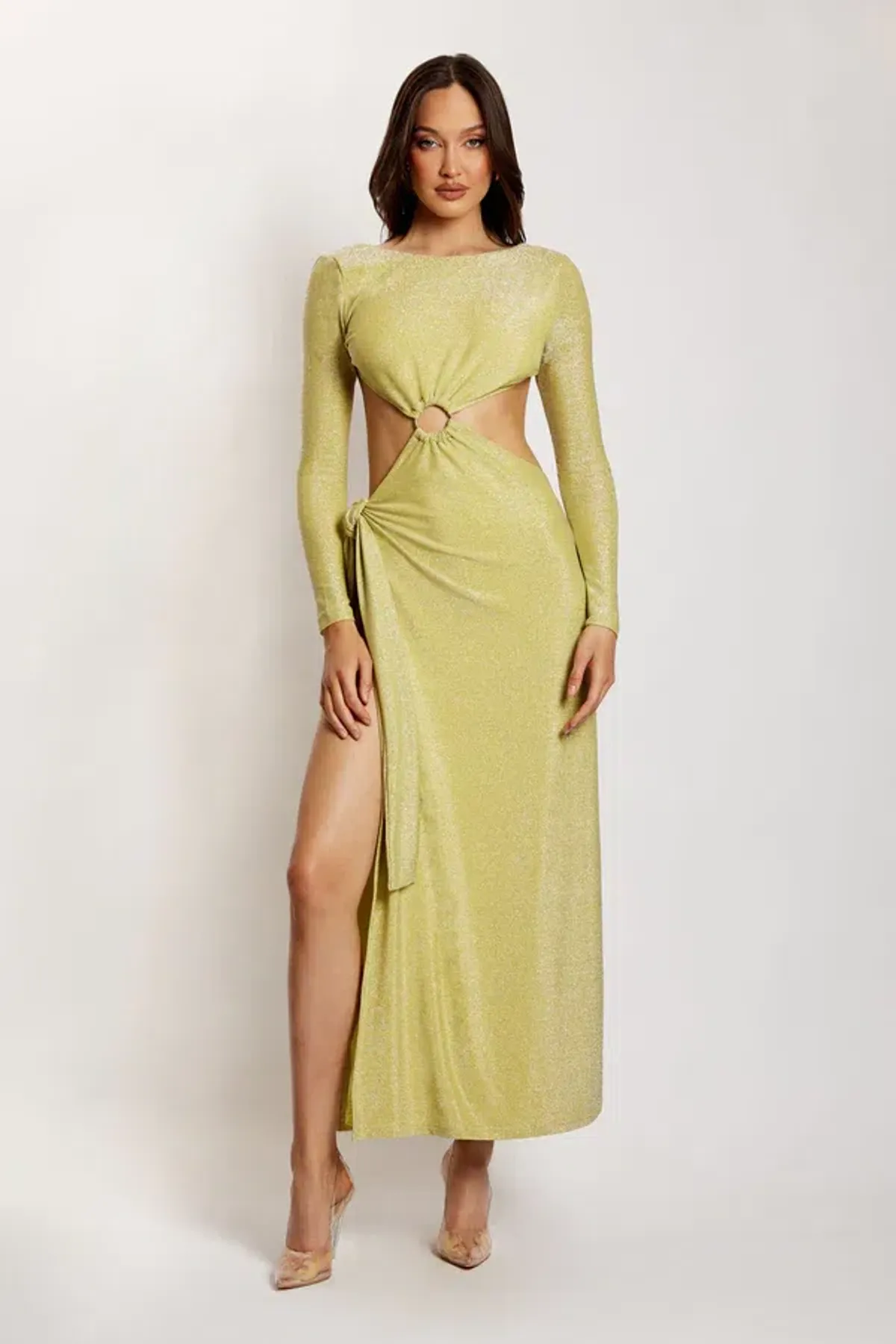 Meshki Christina Backless Maxi Wrap Dress Green Shimmer Size L - Image 1