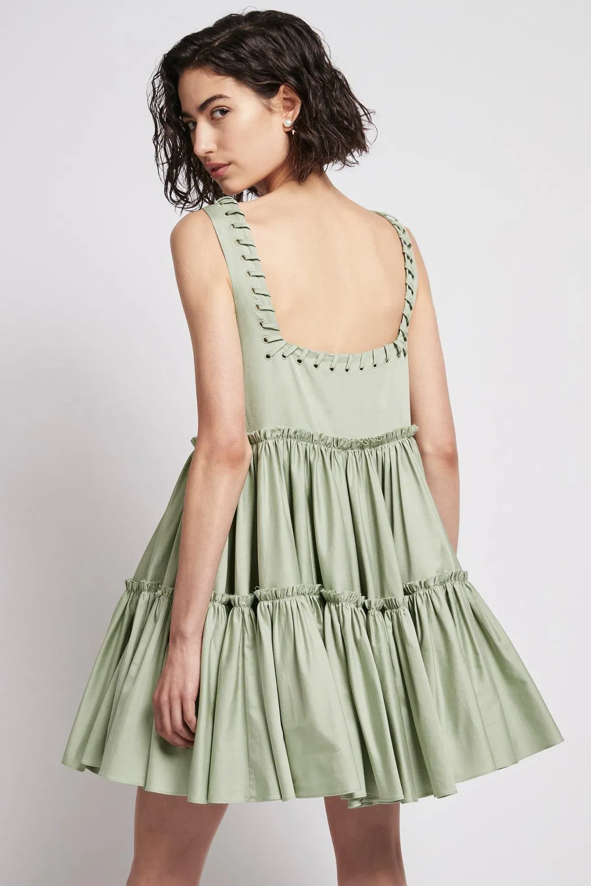 Aje Hushed Cotton Square Neck Mini Dress in Bamboo Green Size 14 - Image 3