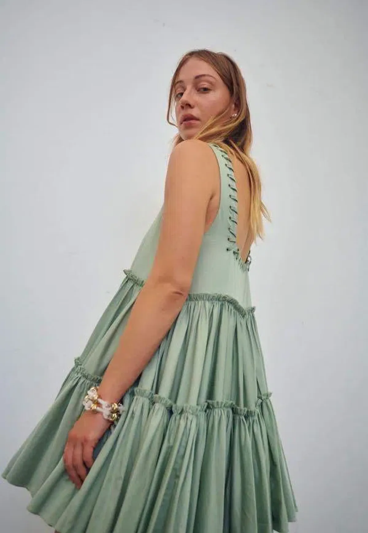 Aje Hushed Cotton Square Neck Mini Dress in Bamboo Green Size 14 - Image 4