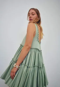 Aje Hushed Cotton Square Neck Mini Dress in Bamboo Green Size 14 for rent on The Volte - image 4