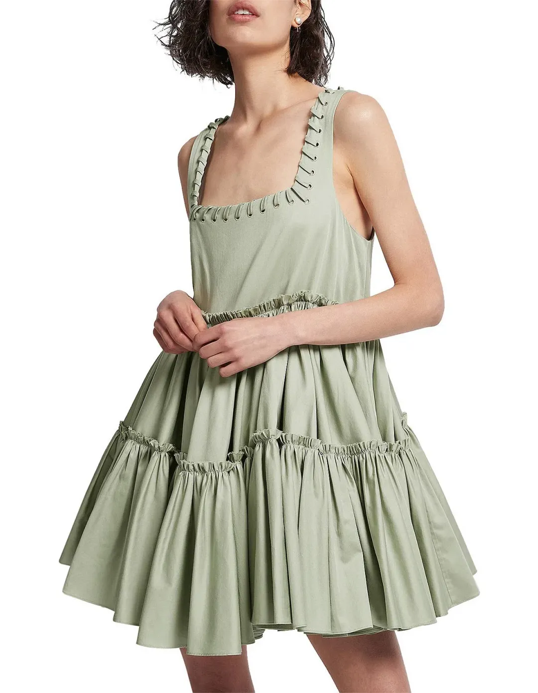Aje Hushed Cotton Square Neck Mini Dress in Bamboo Green Size 14 for rent on The Volte - main image
