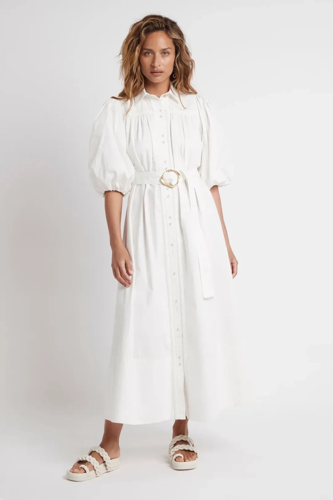 Aje Casabianca Puff Sleeve Shirt Dress White Size 8 for rent on The Volte - main image