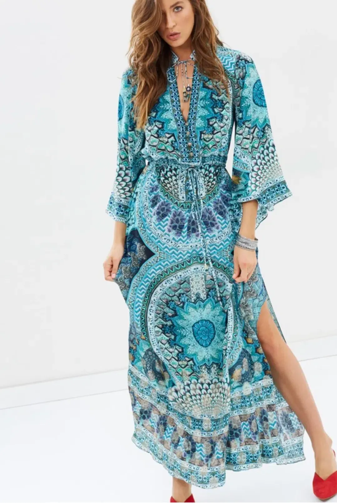 Camilla Drawstring Button Up Dress Turn On The Charm Print Size L for rent on The Volte - main image