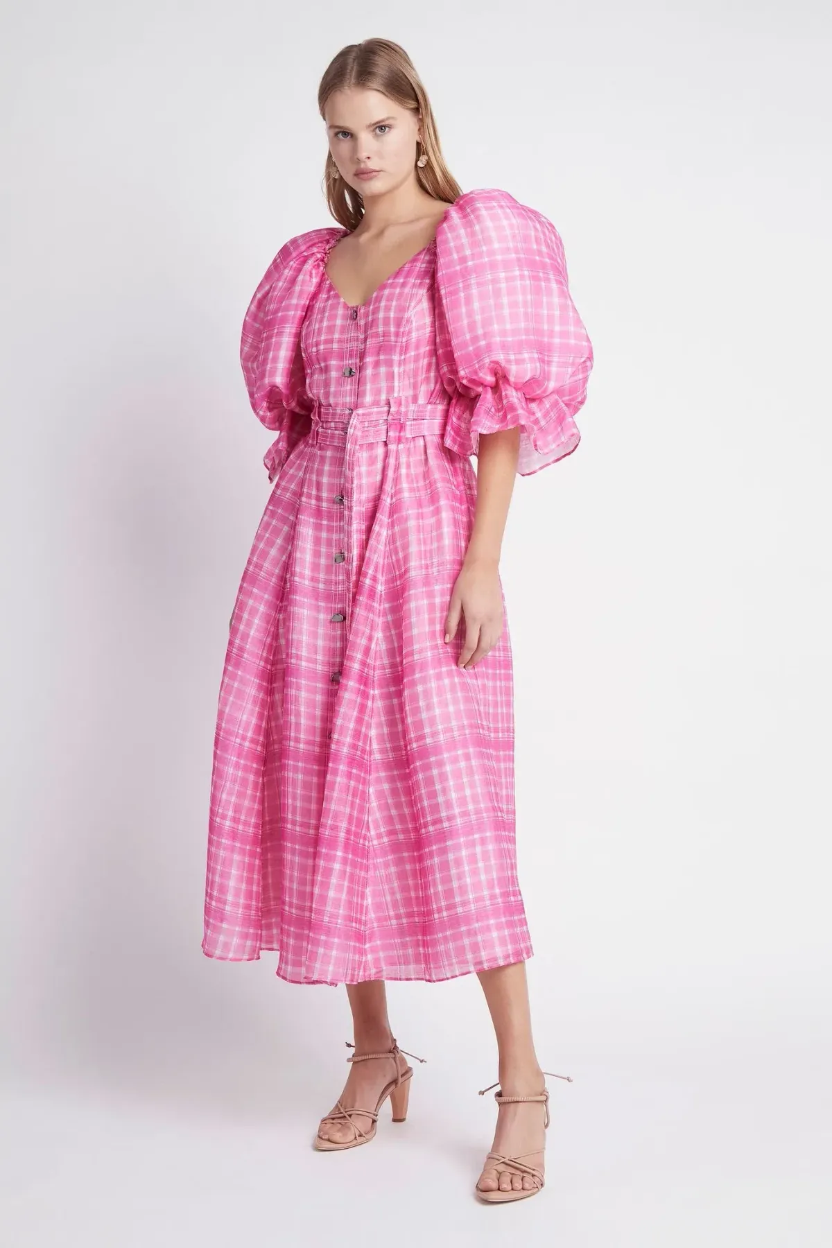 Aje Bungalow Puff Sleeve Midi Dress Pink Check Size 6 - Image 5