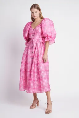 Aje Bungalow Puff Sleeve Midi Dress Pink Check Size 6 for rent on The Volte - image 5