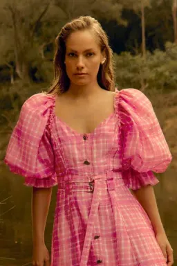 Aje Bungalow Puff Sleeve Midi Dress Pink Check Size 6 for rent on The Volte - image 3