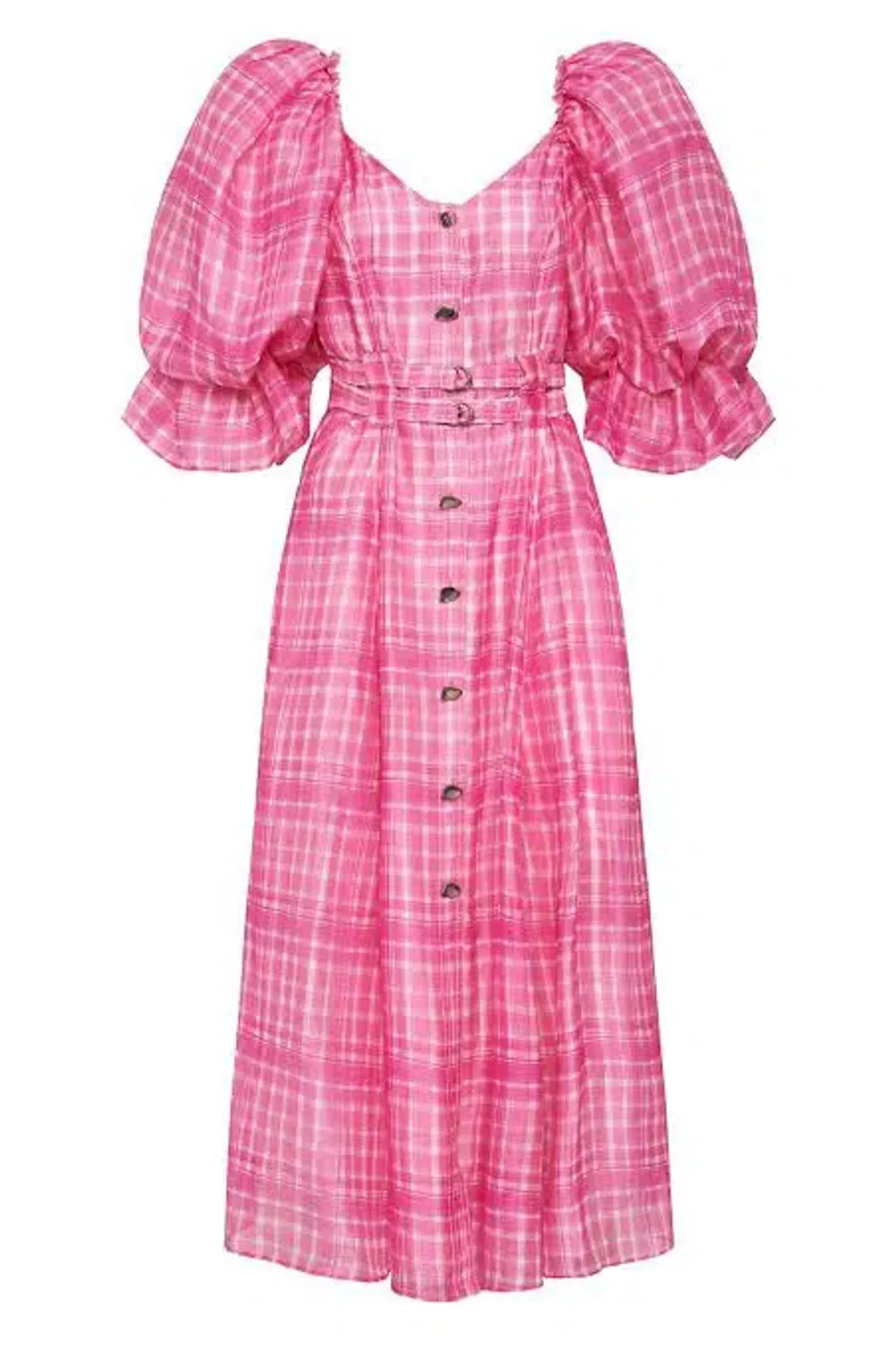 Aje Bungalow Puff Sleeve Midi Dress Pink Check Size 6 for rent on The Volte - main image
