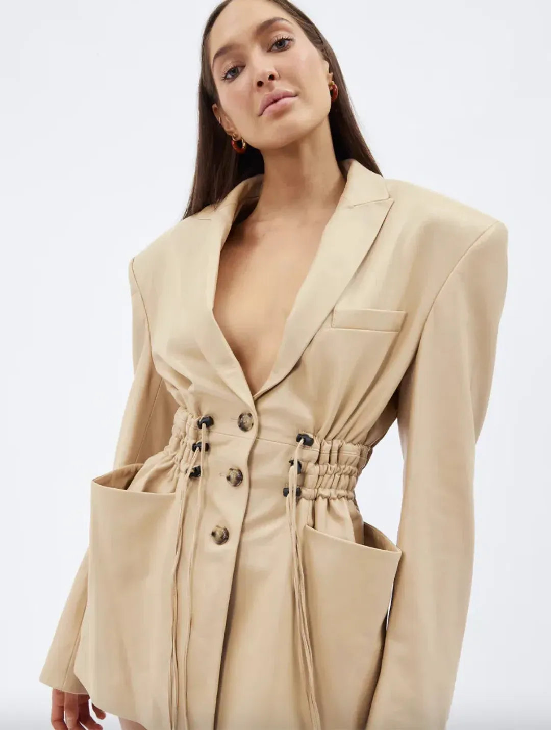 The Mannei Khazali Tailored Leather Blazer Beige Size 8 for rent on The Volte - main image