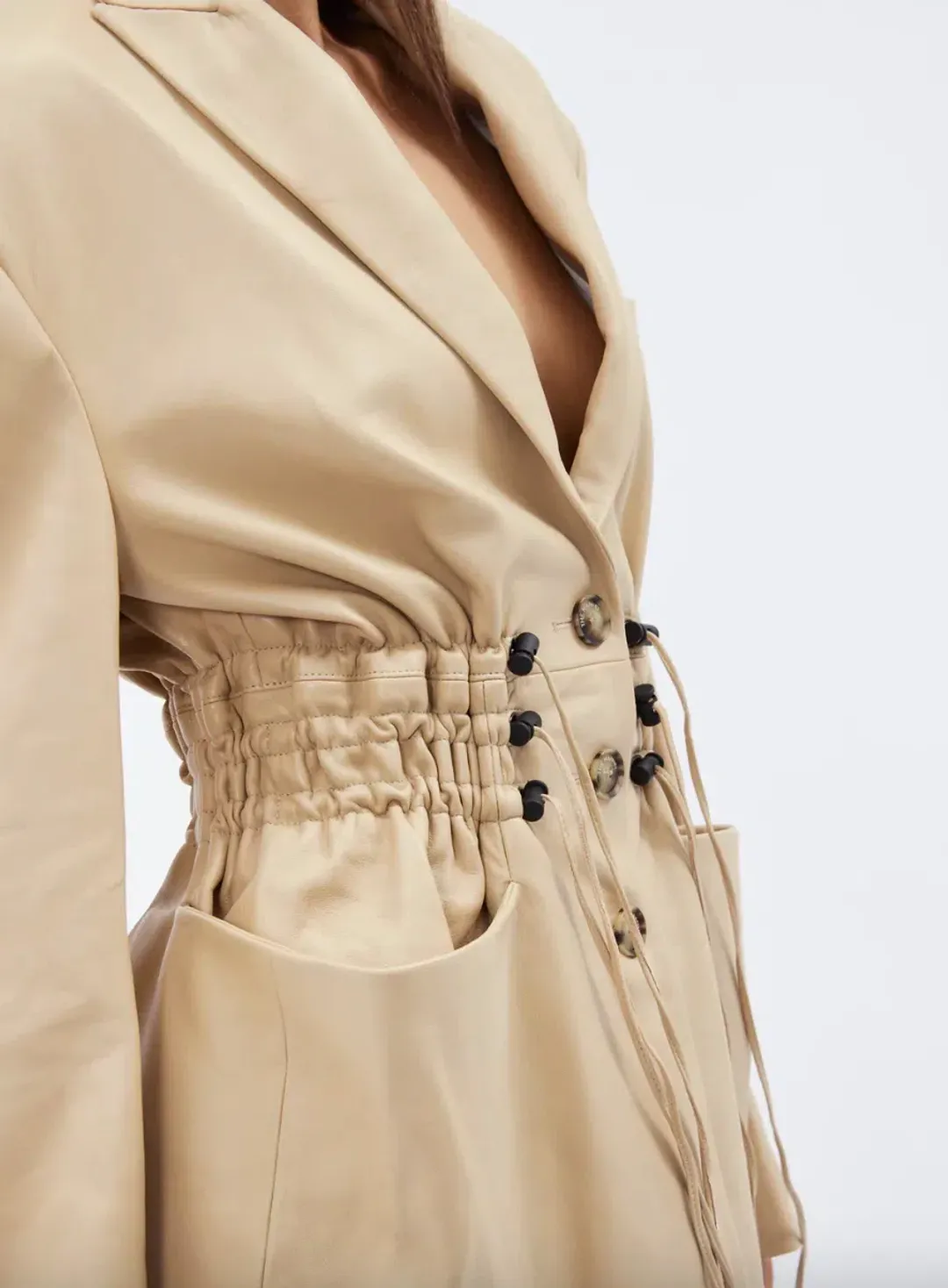 The Mannei Khazali Tailored Leather Blazer Beige Size 8 for rent on The Volte - main image