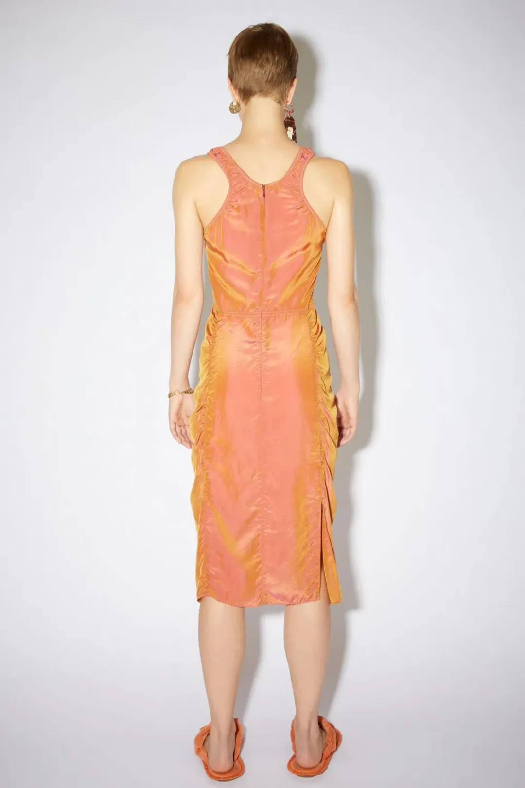 Acne Studios Iridescent Ruched Midi Dress Orange Size 36 / Au 8 for rent on The Volte - main image