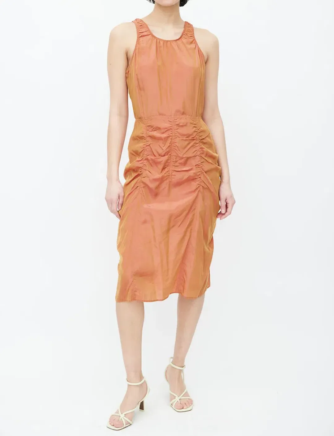 Acne Studios Iridescent Ruched Midi Dress Orange Size 36 / Au 8 for rent on The Volte - main image