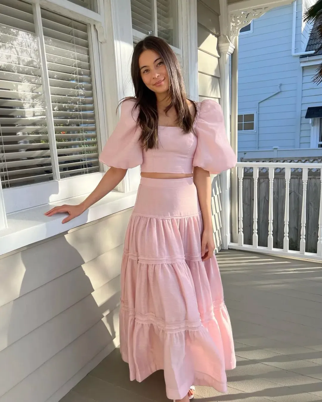 Aje Esme Puff Sleeve Cropped Top and Imprint Maxi Skirt Set Dusty Pink Size 8 for rent on The Volte - main image