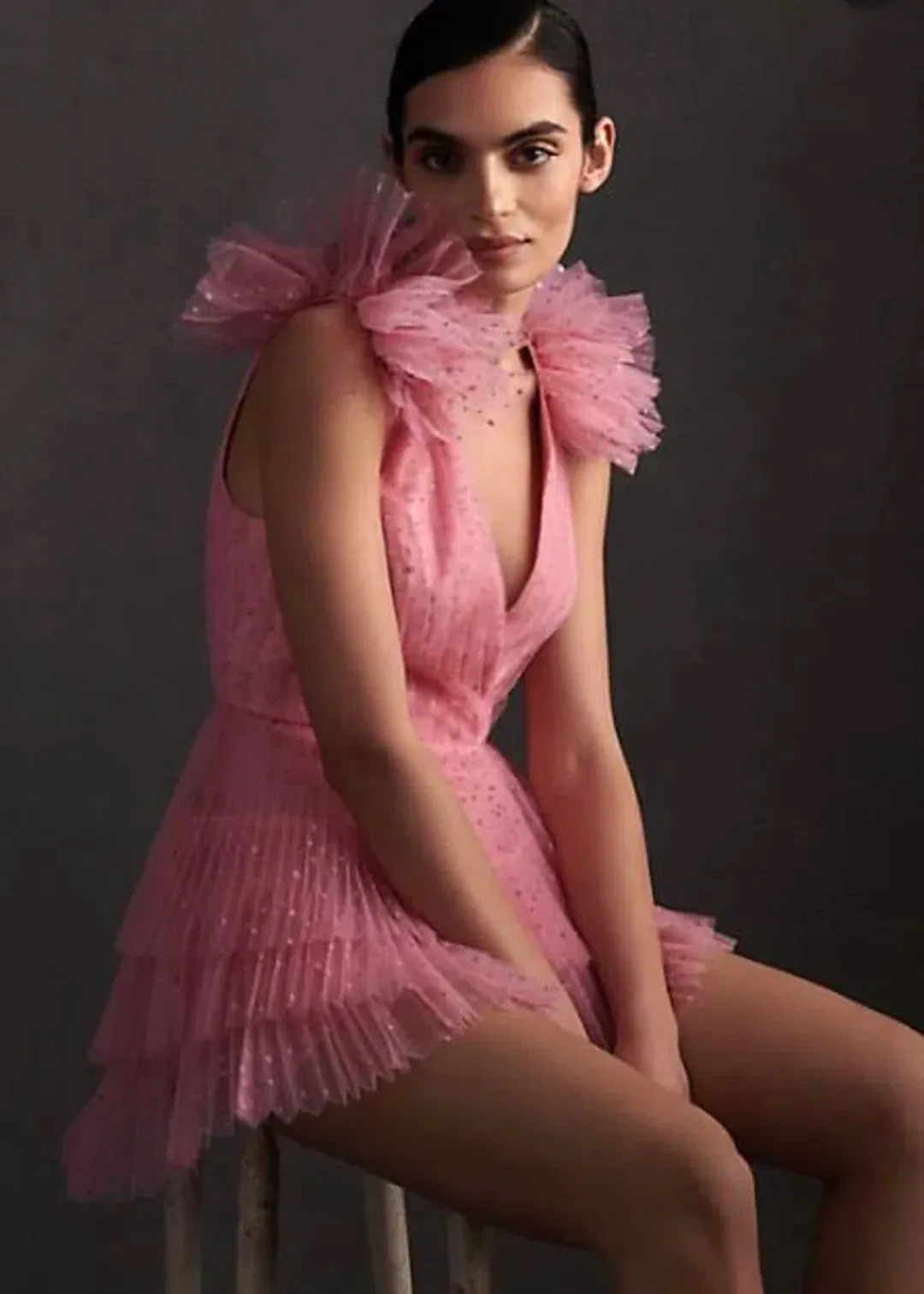 Monique Lhuillier Dotted Tulle Party Dress Bubblegum Pink Size 8 for rent on The Volte - main image