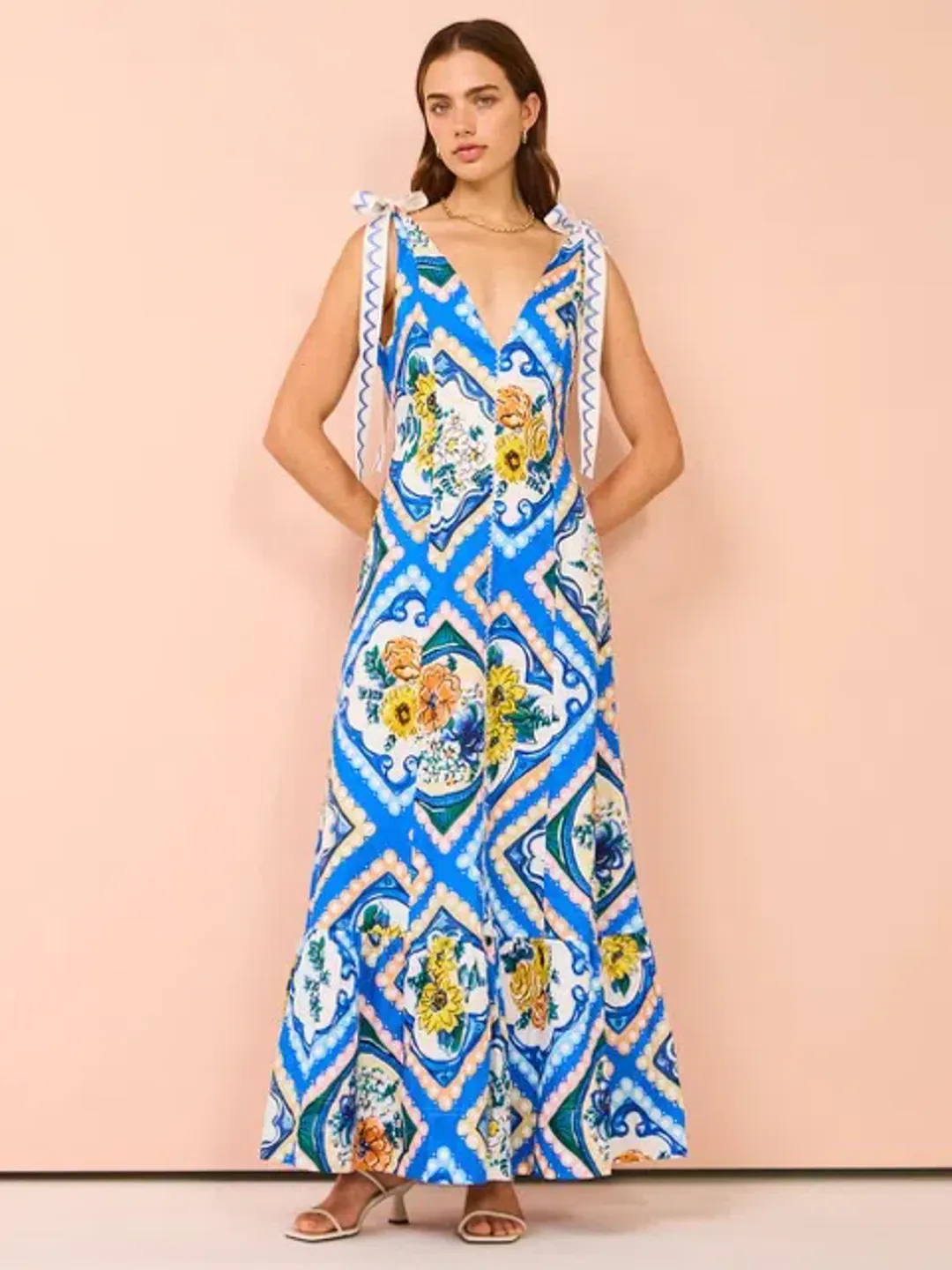 By Nicola - Adoncia Tie Shoulder Maxi Dress In Azure Floral - Size 12 for rent on The Volte - main image