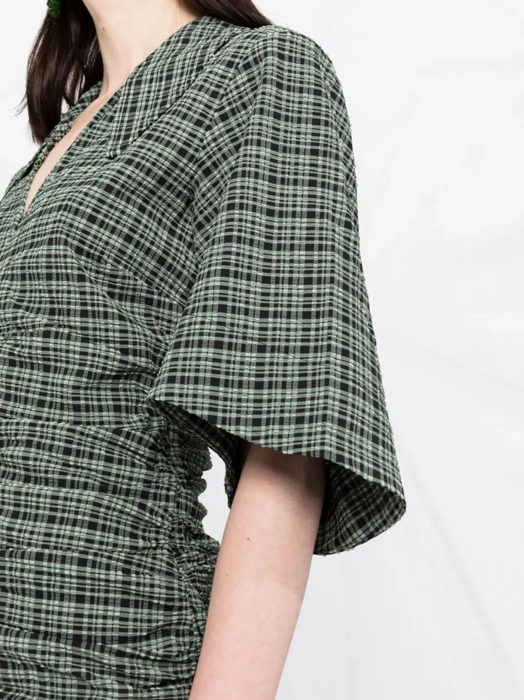 Ganni Seersucker Check Ruched Dress Bay Green Size 14 for rent on The Volte - main image