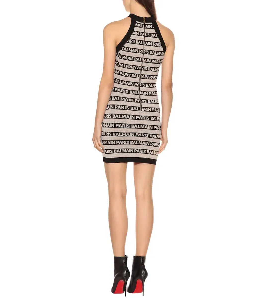 Balmain Logo Intarsia Knitted Mini Dress in Black/White Size 8 for rent on The Volte - main image