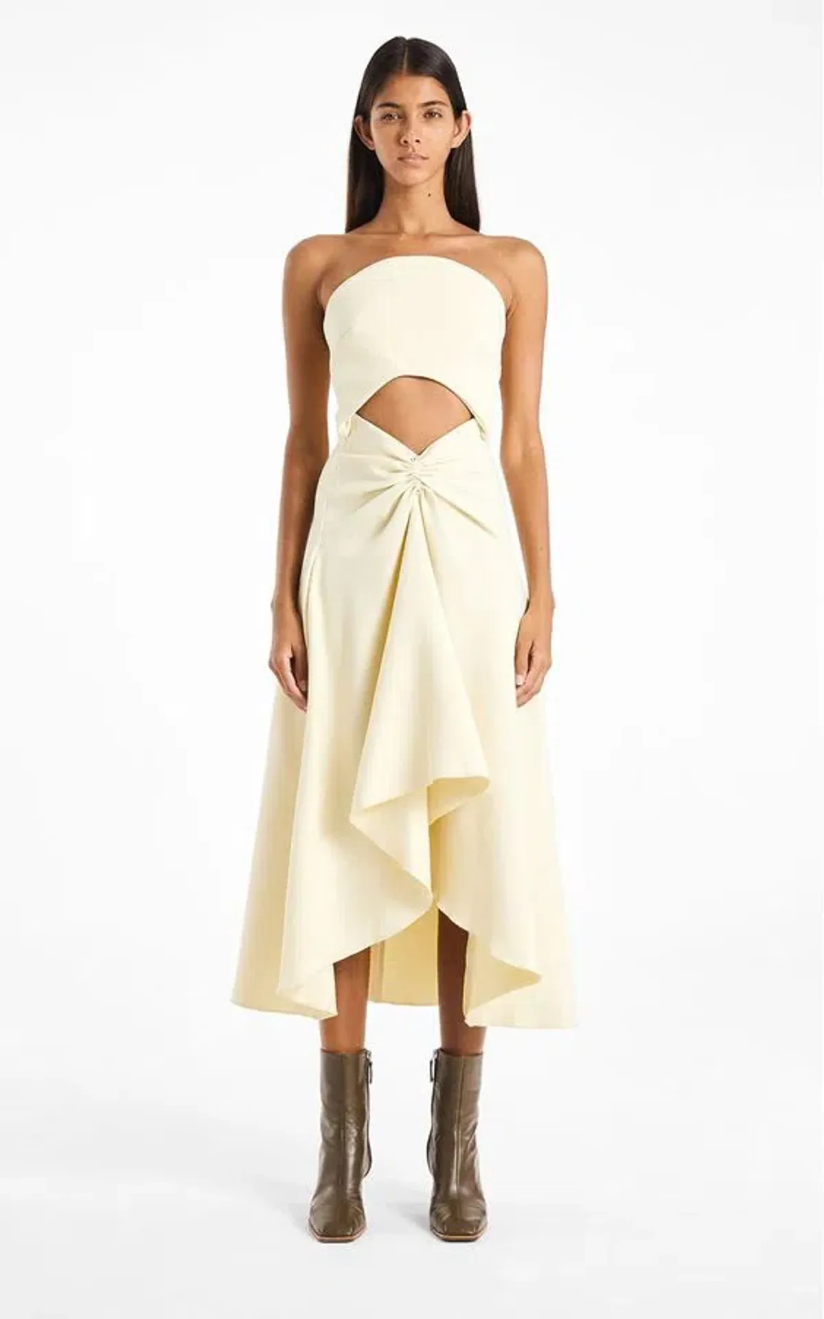 Dion Lee Pierced Crepe Concave Midi Dress Yellow Size 4 for rent on The Volte - main image