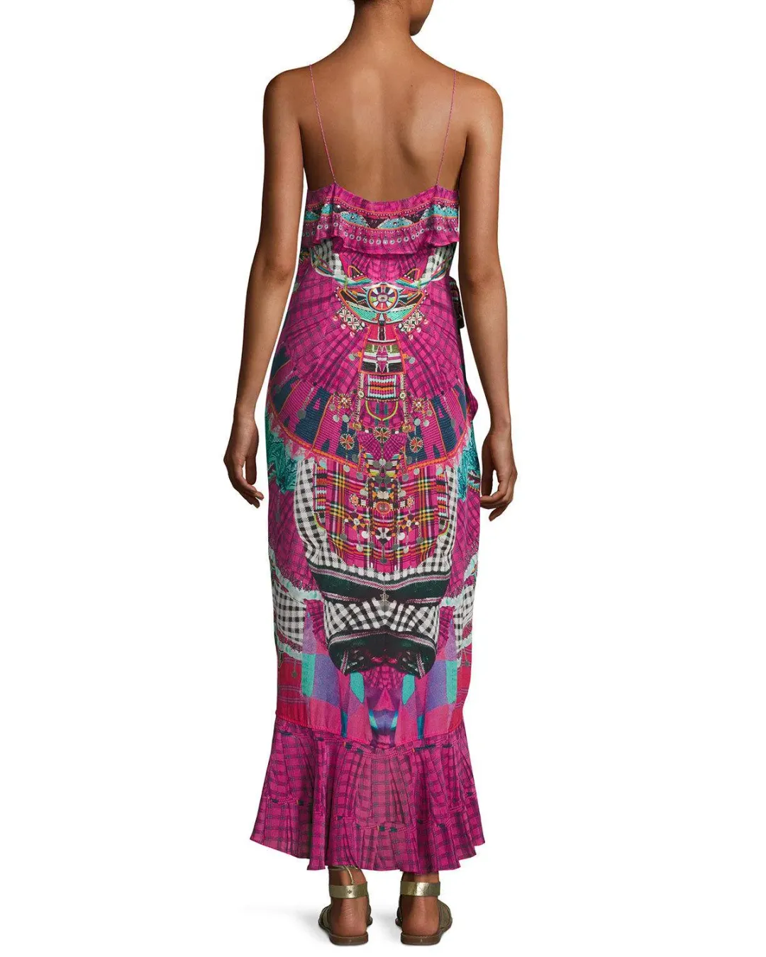 Camilla Embellished Crepe Ruffle Maxi Wrap Dress Desert Discotheque Print Size AU 12 for rent on The Volte - main image