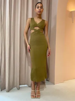 Shona Joy Simone V Neck Cut Out Midi Dress in Cumin Size 10 for rent on The Volte - image 1