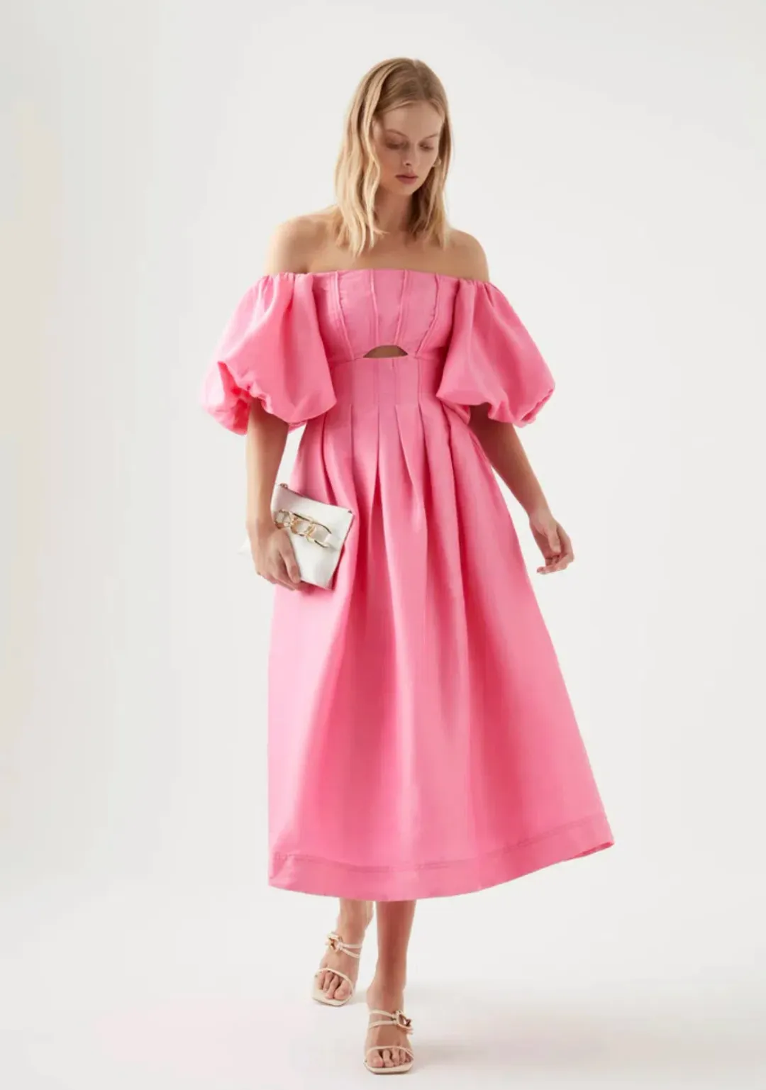 Aje Eugenia Off Shoulder Midi Dress Pink Size AU 12 for rent on The Volte - main image