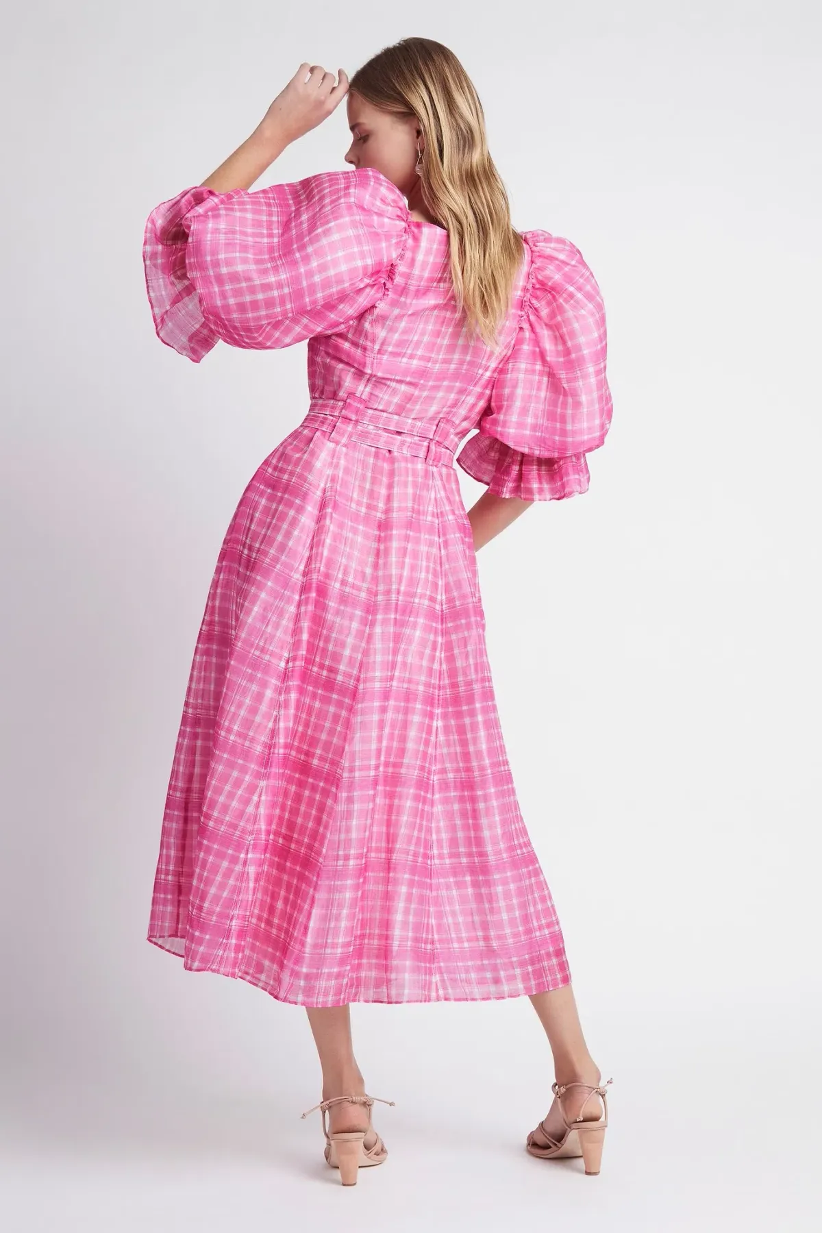 Aje Bungalow Puff Sleeve Midi Pink Check Print Size 10 - Image 3
