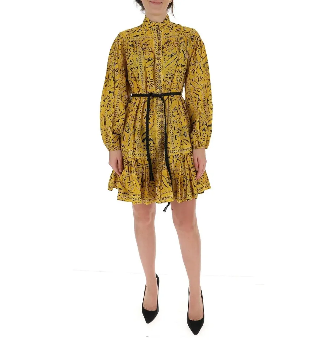 Zimmermann Lulu Belted Ruffled Print Cotton Mini Dress Yellow Size 2/ Au 12 for rent on The Volte - main image