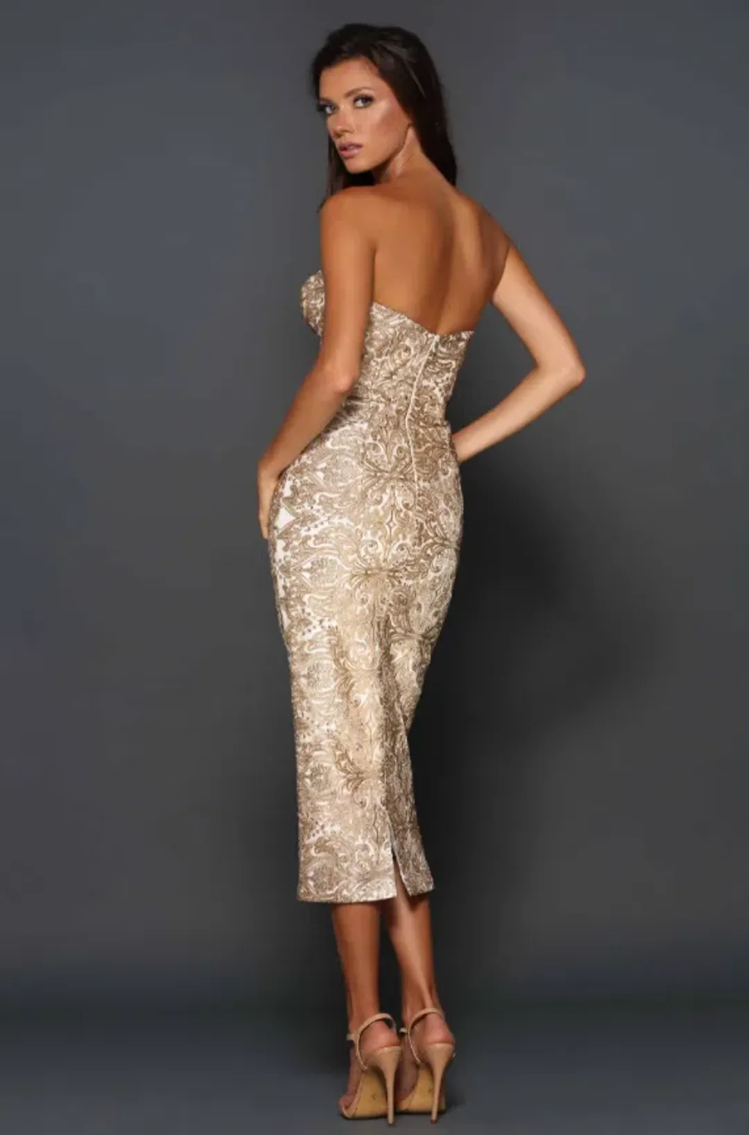 Elle Zeitoune Jayce Midi Dress Gold Size 10 for rent on The Volte - main image