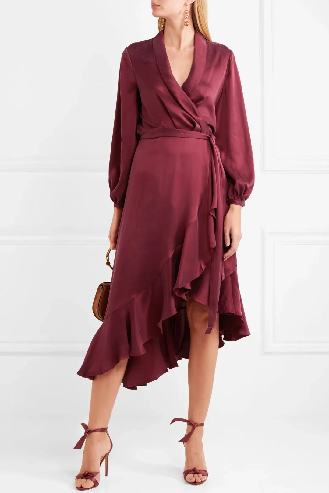 Zimmermann Asymmetric Washed Silk Wrap Midi Dress Burgundy Size 12 for rent on The Volte - main image