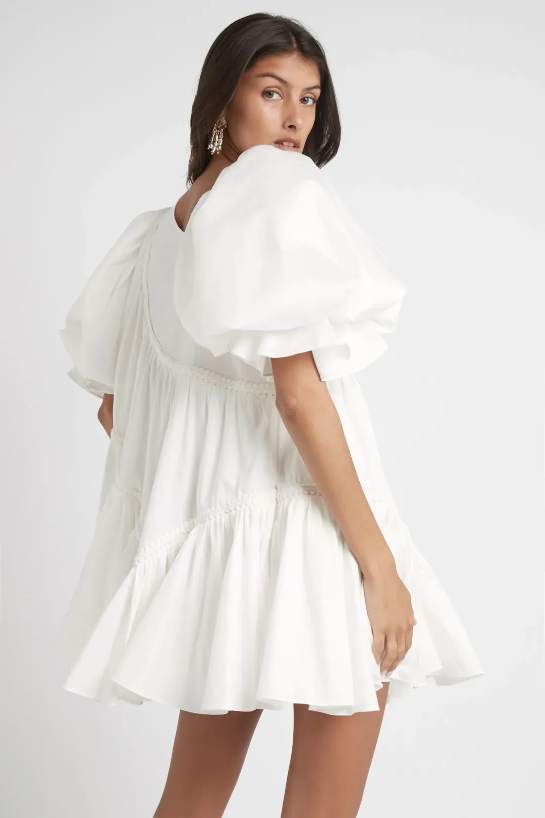 Aje Casabianca Braided Asymmetric Puff Sleeve Mini Dress White Size 14 for rent on The Volte - main image