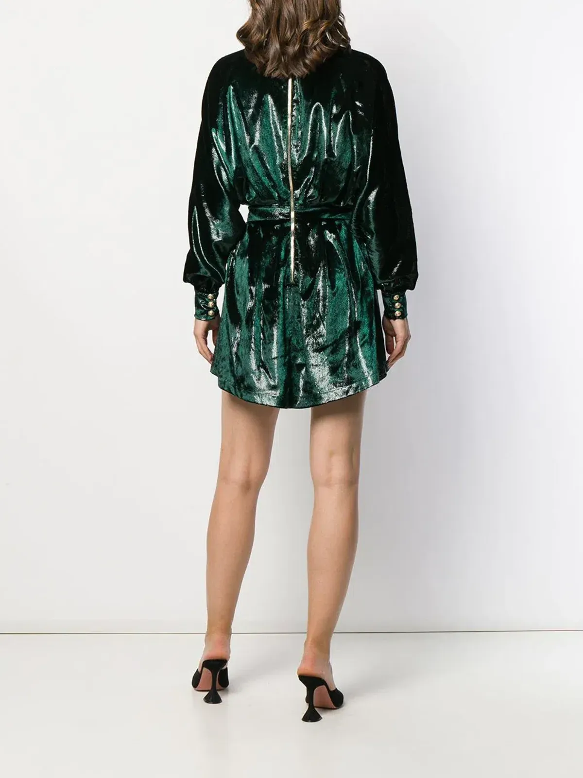 Balmain Metallic Velvet Flared Dress Green Size 38 - Image 3