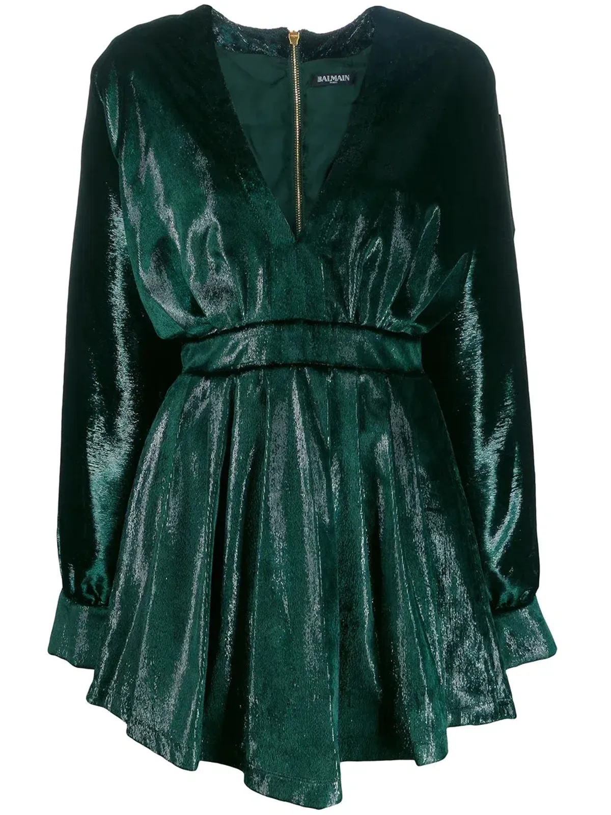Balmain Metallic Velvet Flared Dress Green Size 38 - Image 4