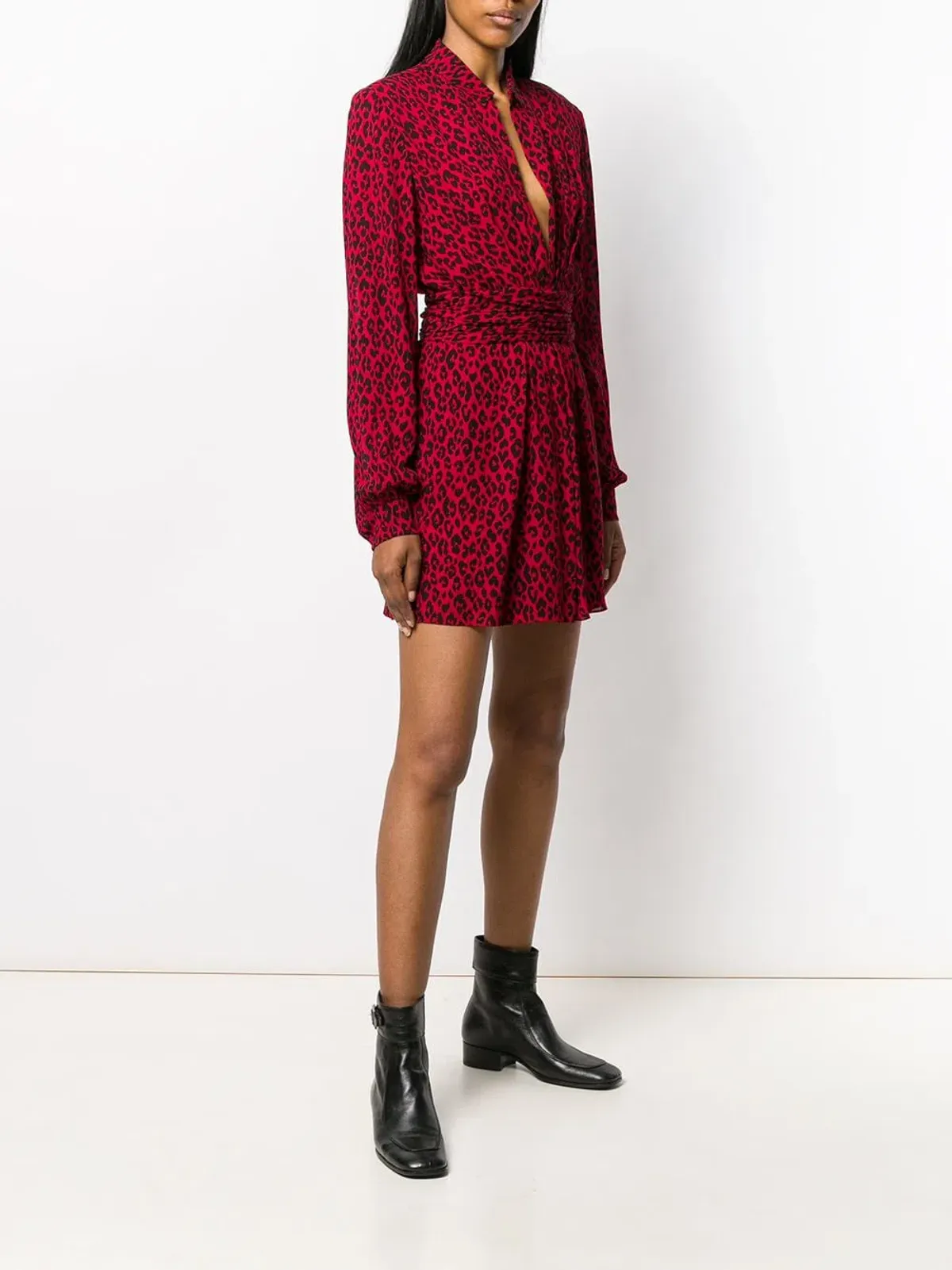 Saint Laurent Long Sleeve Leopard Mini Dress In Red & Black Size 8 - Image 1