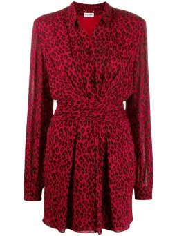 Saint Laurent Long Sleeve Leopard Mini Dress In Red & Black Size 8 for rent on The Volte - image 5