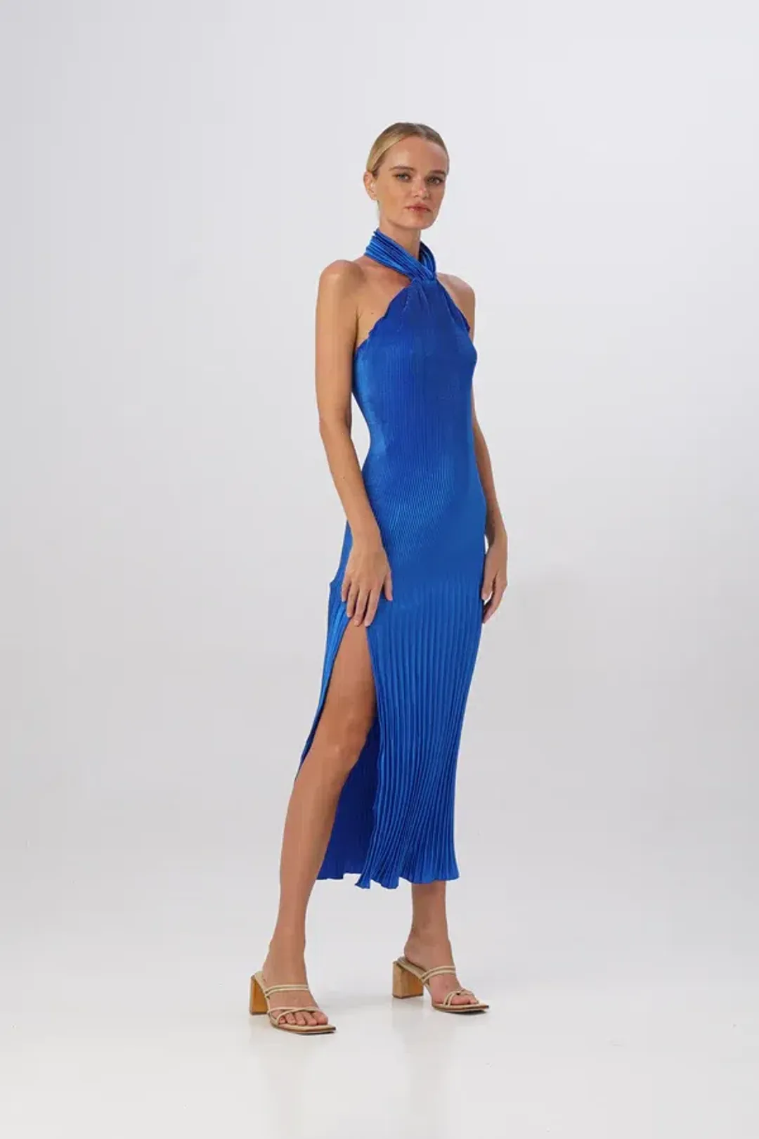 L'Idee The Soirée Pleated Halter Gown MOROCCAN Blue Size 8 for rent on The Volte - main image